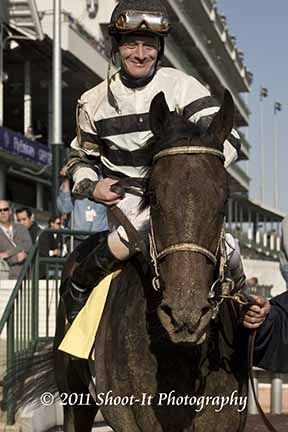 Calvin Borel was all smiles as he leads Street Sense's son into the winner's circle